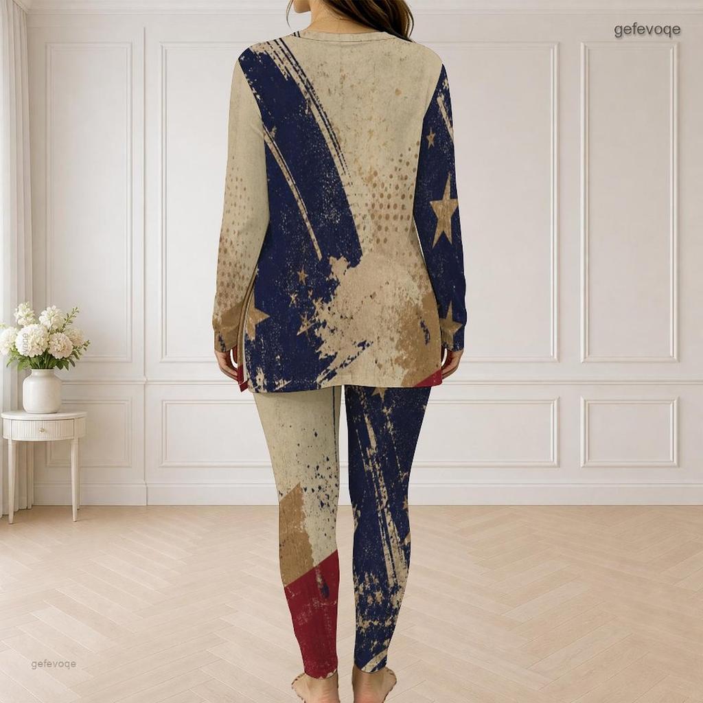 Women Plus Size Red White Blue Printed Half Zip Long Sleeve Long Top Fitted Pants Two Piece Set