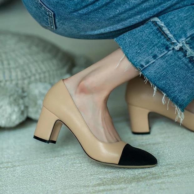 In Stock French Coco Style Soft Leather Color Block Low Cut Sandals - Women's Spring Mid and Thick Flat Heels