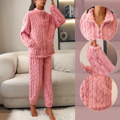 Women Comfortable Homewear Long Sleeved Zipper Suits Solid Color Pajamas Set Coral Fleece Women