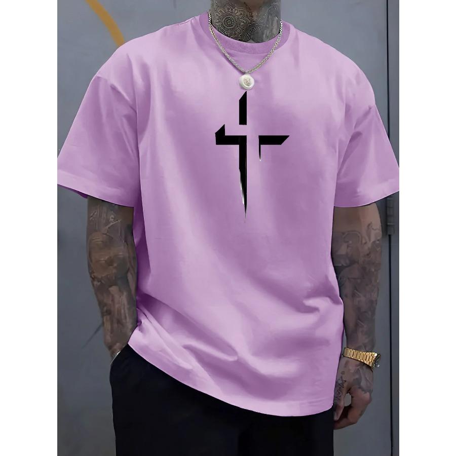Cotton Summer Men's 100% Pure Cotton Casual Loose Plus Size Cross Creative Printed Sports Comfortable Round Neck Short Sleeved T-shirt
