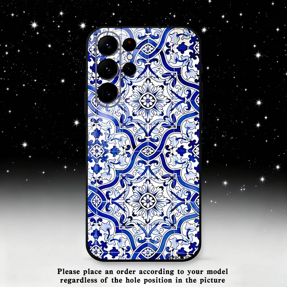blue and white porcelain Phone Case For Samsung S25,S24 Ultra,S20,S30 plus,S22 plus,S23,S30 Ultra 5G Silicone Black Shell