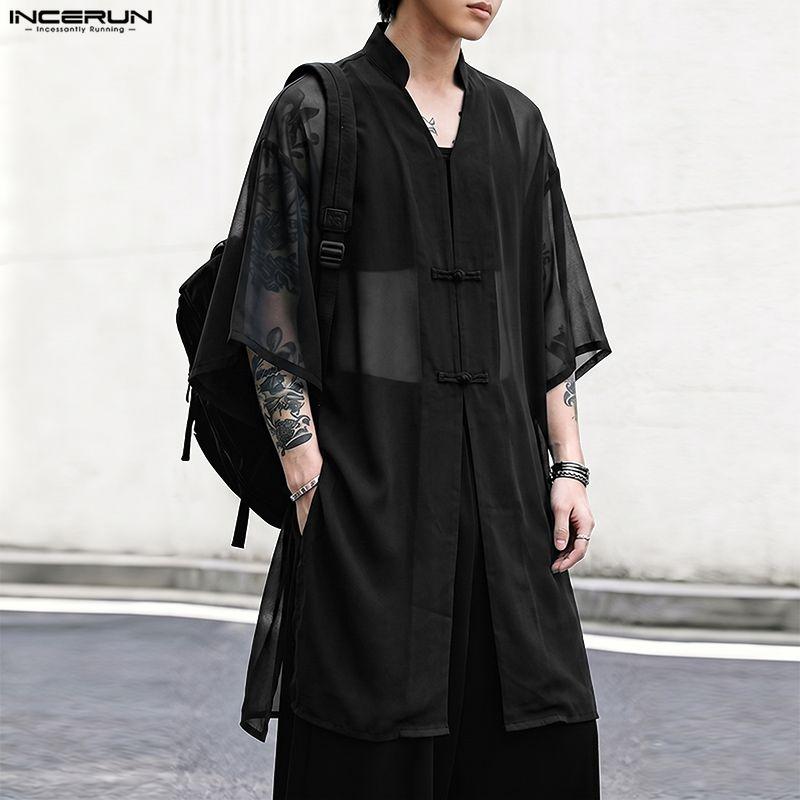 INCERUN Oversized Summer Men 3/4 Sleeve See Through Mesh Sheer Long Shirts Tops