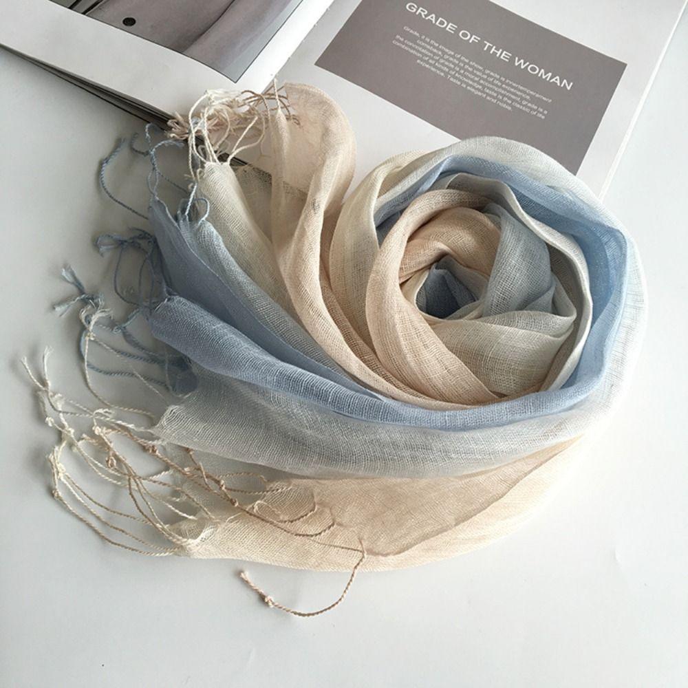 Lightweight Gradient Scarf Sun Proof Shawl Wrap Japanese Style Pure Linen Scarf  For Women Ladies