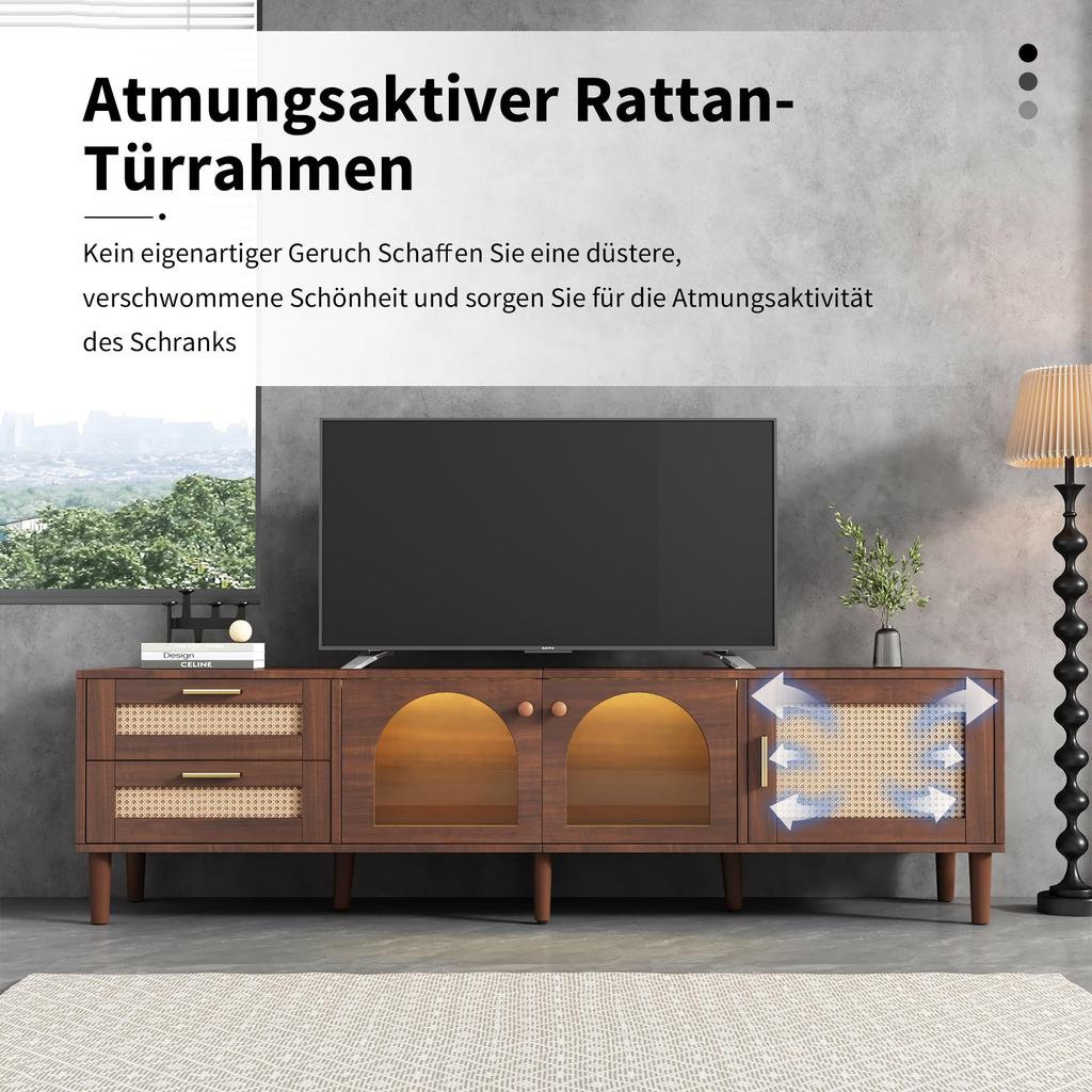 TV Board TV-Schrank Lowboard 2 Schubladen, 2 gewölbten Glastüren, 1 Rattan-Tür, TV-ständer Fernseher bis zu 80 Zoll, 180 cm, Wohnzimmer, Braun