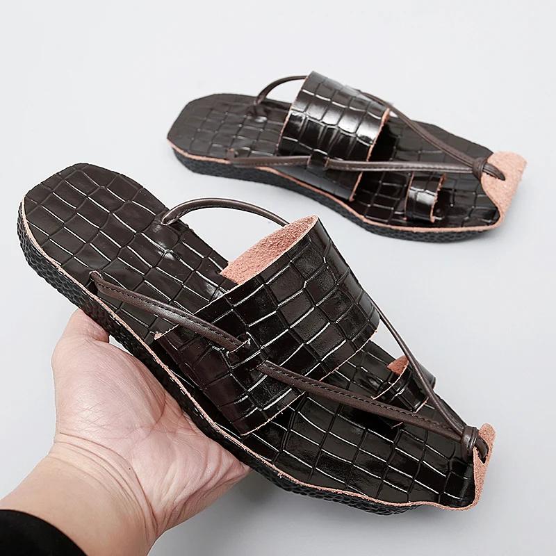 Summer Men Sandals Gladiators Crocodile Pattern Genuine Leather Casual Shoes Beach Sandals Outdoor Slippers Shoes for Men
