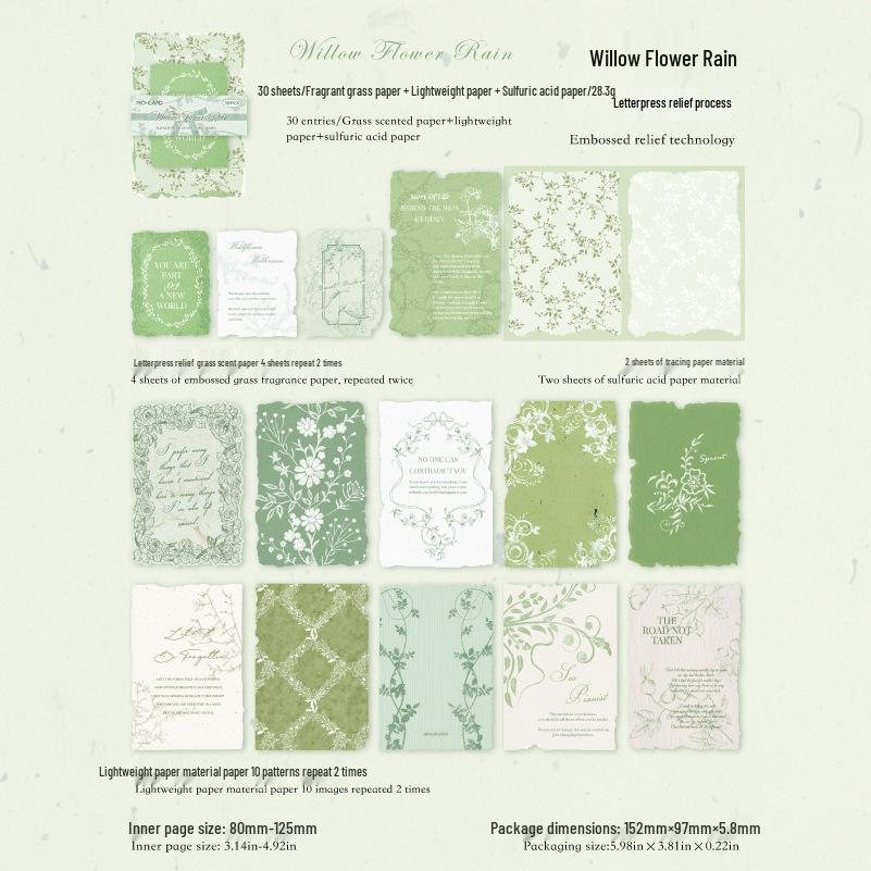 MòMò Letterpress Embossed Paper - Flower Branch Series: Dew Grass, 30 Scrapbooking Sheets, 4 Styles