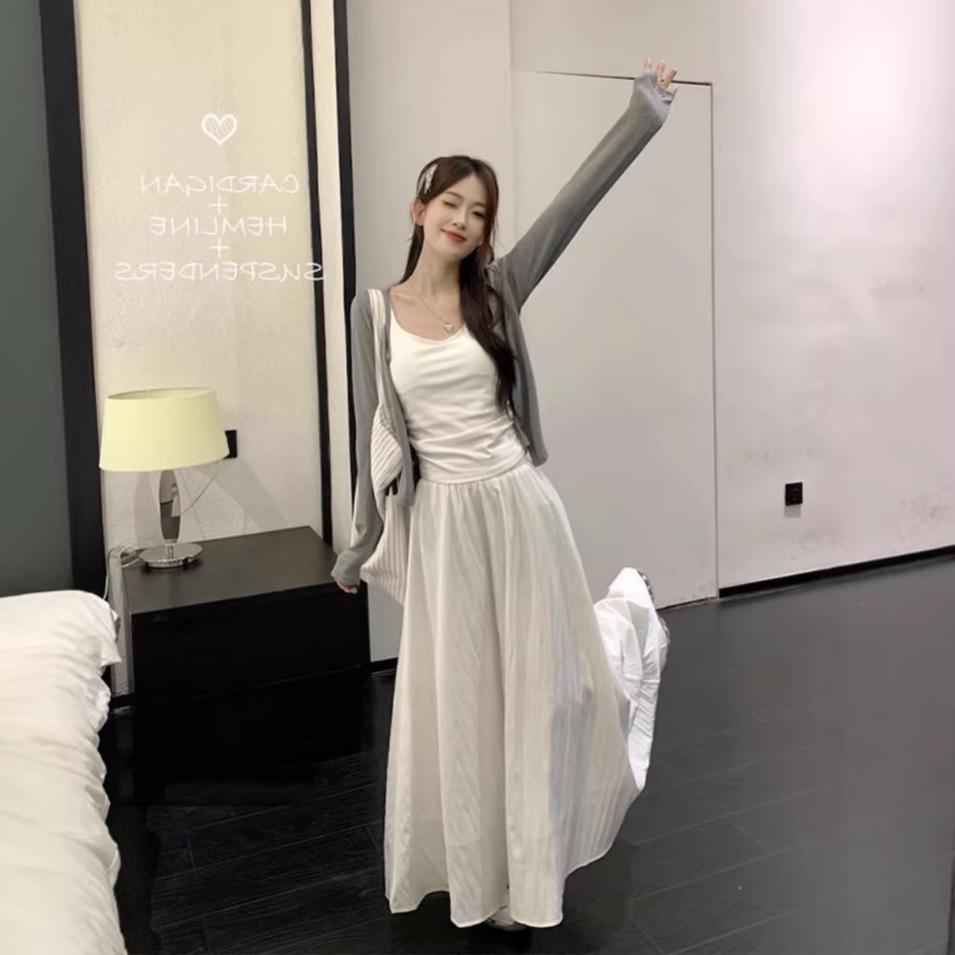 

Women s Korean Style Thin Cardigan, Camisole, and White Long Dress Set - 2026 Spring/Autumn Fashion 3XL
