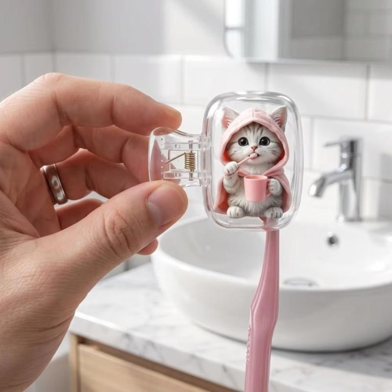 2Pcs Dust-Proof Waterproof Cat Toothbrush Cover Kitten Dog Printed Transparent Toothbrush Holder Portable Toothbrush Head Cover
