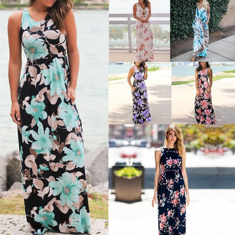 Elegantes Damen Sommer Boho Kleid Floral Ärmellos Strand Maxi Lang Sommerkleid Für Jeden Anlass