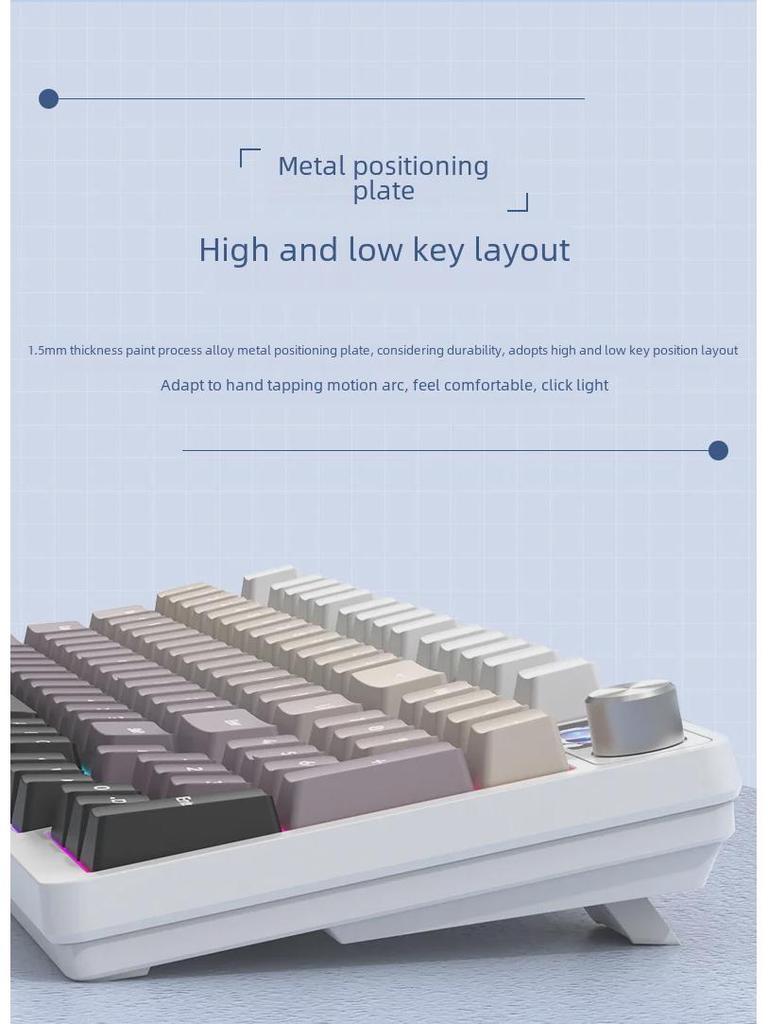 Kabellose mechanische Gaming-Tastatur mit 98 Tasten, Bluetooth und drei Modi und anpassbaren Schaltern (Blau, Schwarz, Tee, Rot) und Hot-Swap-fähiges Design.
