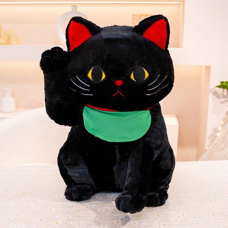 

Bobbi Bear Fortune Cat Plush Toy Pillow - Large Size Claw Machine Doll Black Bib Maneki Neko
