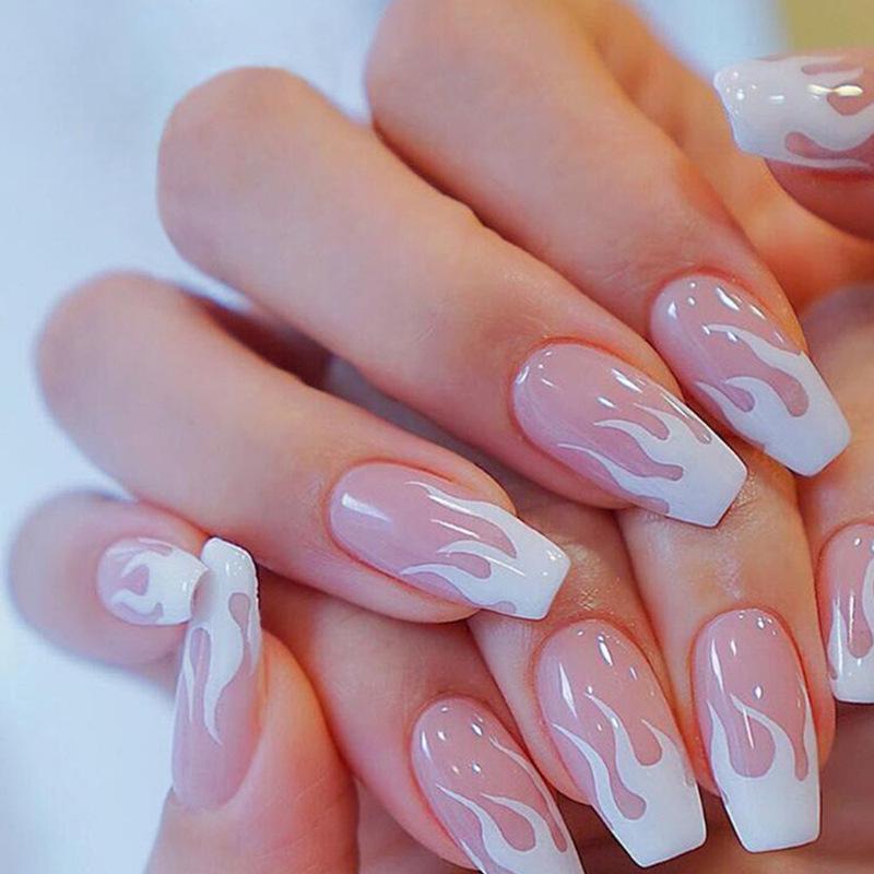 

Pink Flame Wearable Medium-Long Sweet Cool Style Nail Art Stickers - Finished False Nail Pieces Glue Version