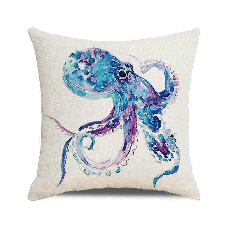 Watercolor Illustration of Octopus Squid Digital Printing Short Plush Pillow Covers for Car Sofa Office Cushion Cover Home Goods