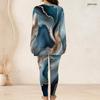 Women Plus Size Two Piece Pants Set Round Neck Long Sleeve Colorful Swirl Printed Longline Top Fitted Pants