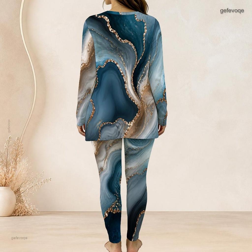 Women Plus Size Two Piece Pants Set Round Neck Long Sleeve Colorful Swirl Printed Longline Top Fitted Pants