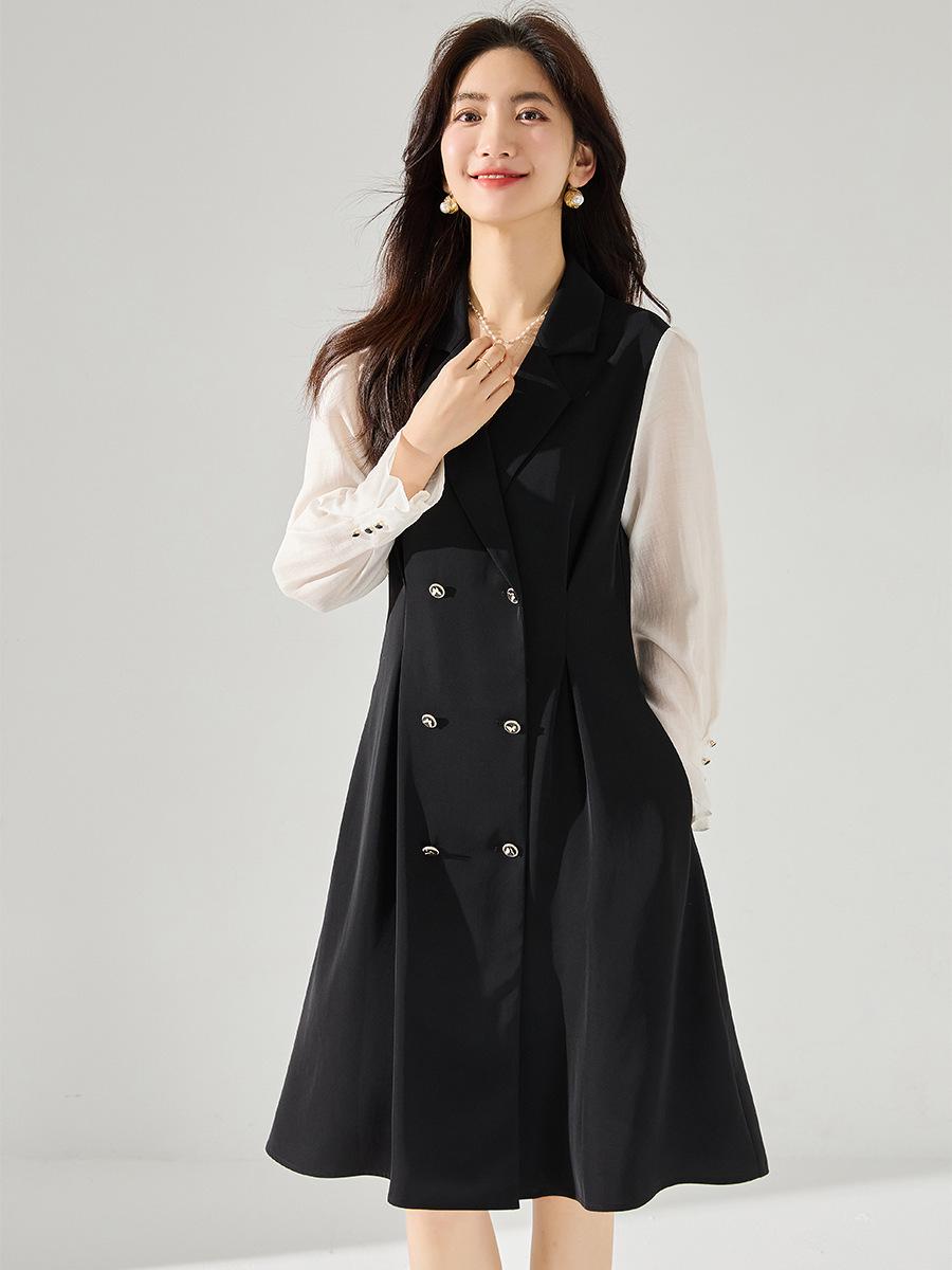Spring Black Lapel Patchwork Waist-Cinched Mid-Length Dress for Women Medium чёрный
