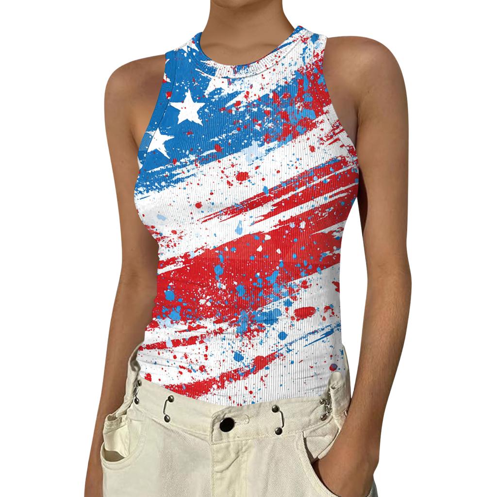 Women's Fashion Round Neck Independence Day Print Sleeveless Vest Top