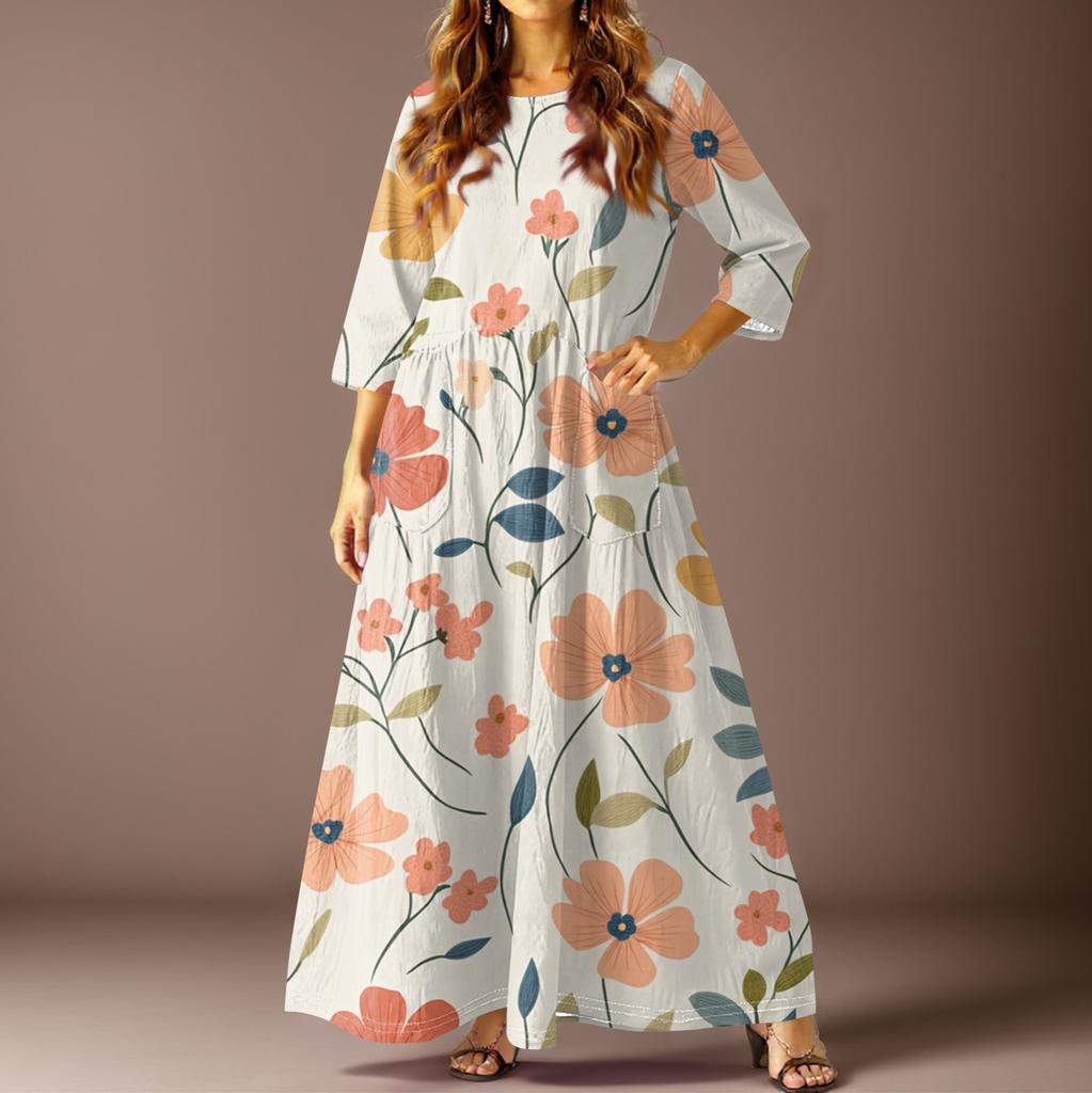 Women's Casual Fashion Vintage Floral Print Three-quarter Sleeve Long Dress With Pockets