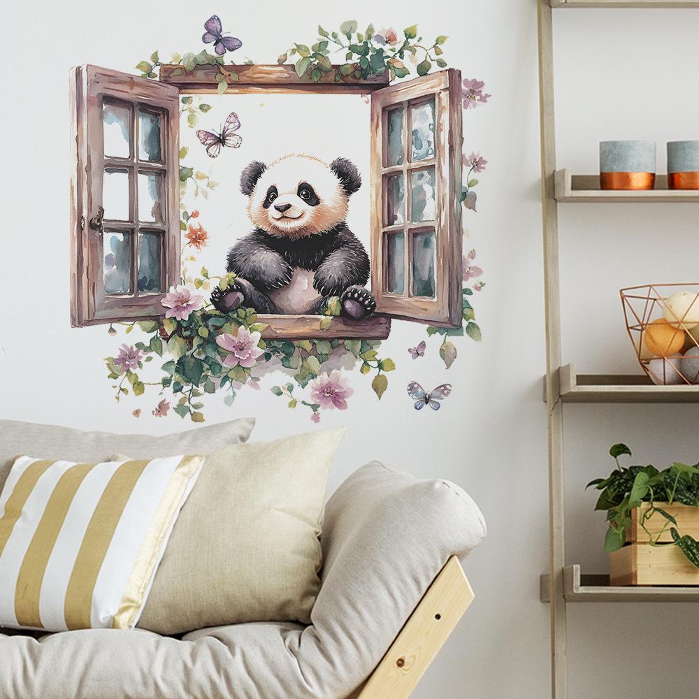 Kreatives falsches Fenster Panda Schmetterling Schlafzimmer Wohnzimmer Zuhause Hintergrund Verschönerung und Dekoration Wandaufkleber