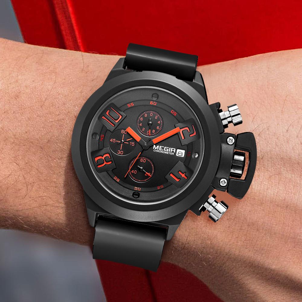 MEGIR Men Watches Luxury Sport Chronograph Waterproof Date Fashion Quartz Wristwatch Big Dial Silicone Strap Clock Relogio Masculino 2002