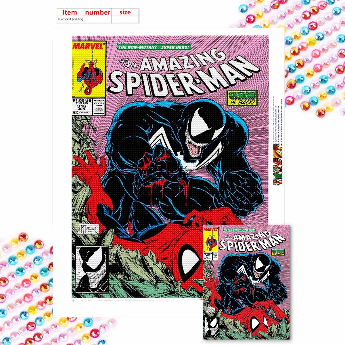 

Полная круглая алмазная мозаика Веном против. Человек-паук Искусство Стразы Картина Мозаика Сделай сам 5D Вышивка крестом Украшение для дома Round 20x30cm