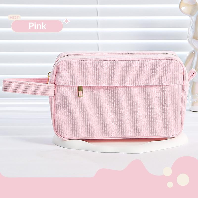 Cream Corduroy Pencil Case Big Capacity Square Shape Pen Case Pouch for Office School Supplies