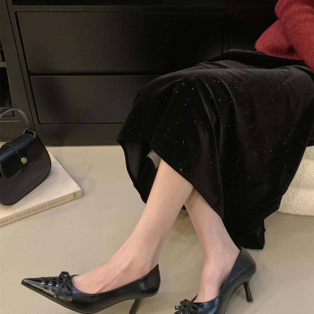 Spice Girl Style Strap Bow Design Pointed High Heels 2025 Spring New Thin Heel Shallow Mouth Sexy Single Shoes Women's Shoes