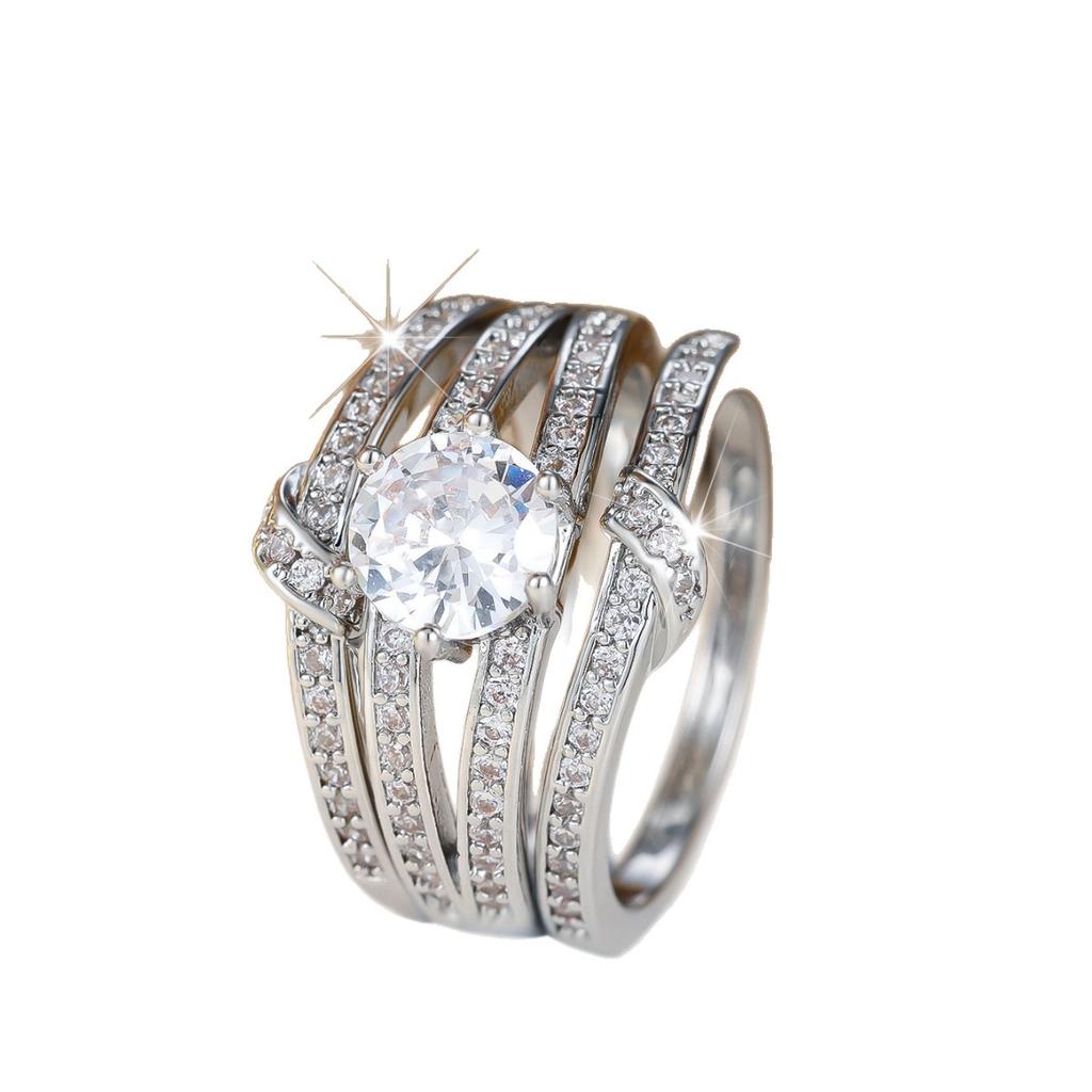 Shining Round Stone White Zircon Rings Sets for Women Vintage Silver Color Engagement Ring Wedding Jewelry Bridal Versatile Gift