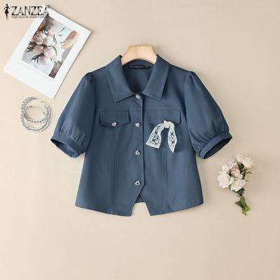 Women Turn Down Collar Casual Short Sleeve Lace Bow Cropped Blouse