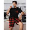 Men's Casual Plaid Pajama Set, Round Neck T-shirt and Shorts, Top Pockets with Random Prints