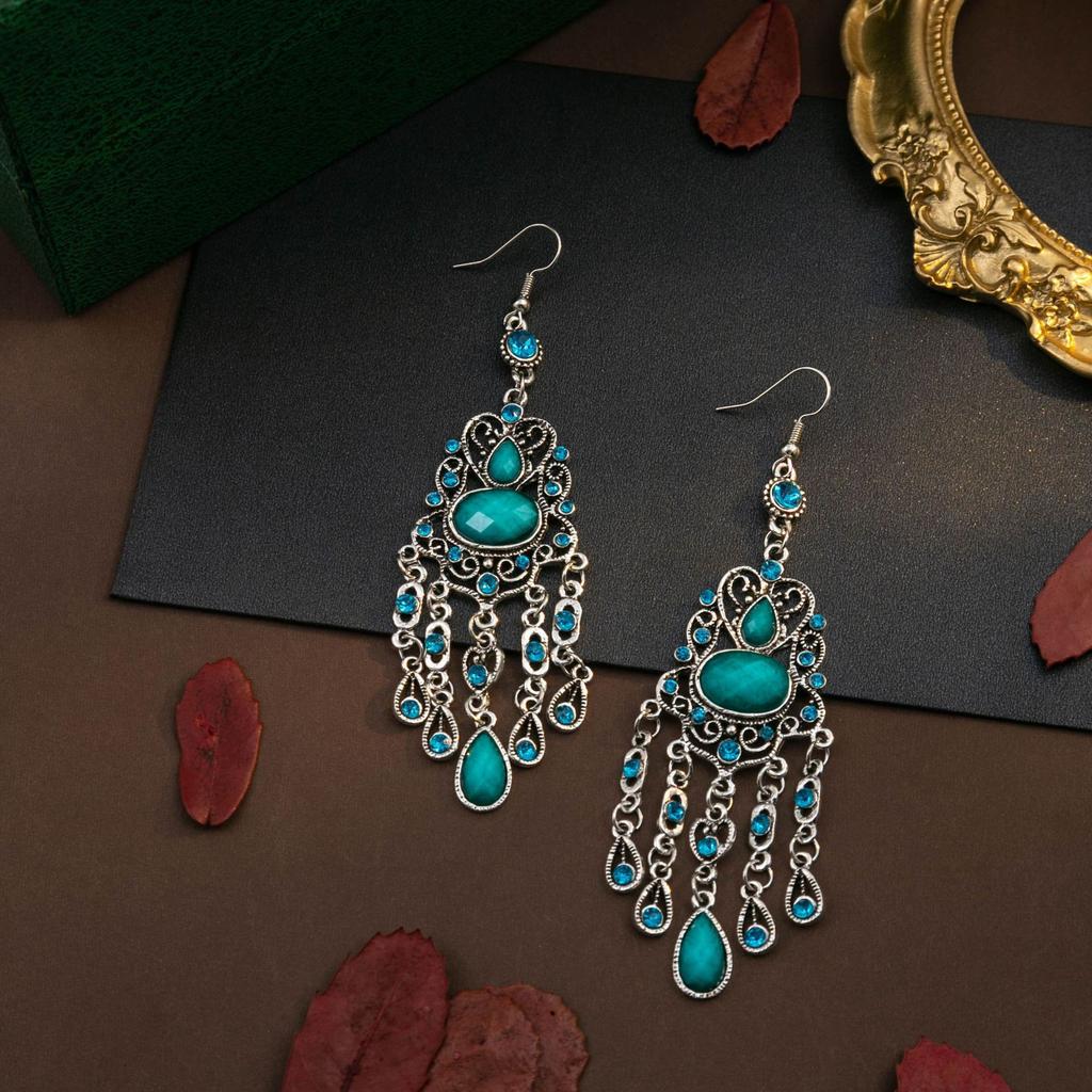 Turquoise Earrings, Bohemian Palm Owl Bronze Engraved Geometric Dream Catcher Feathers Fringed Earrings