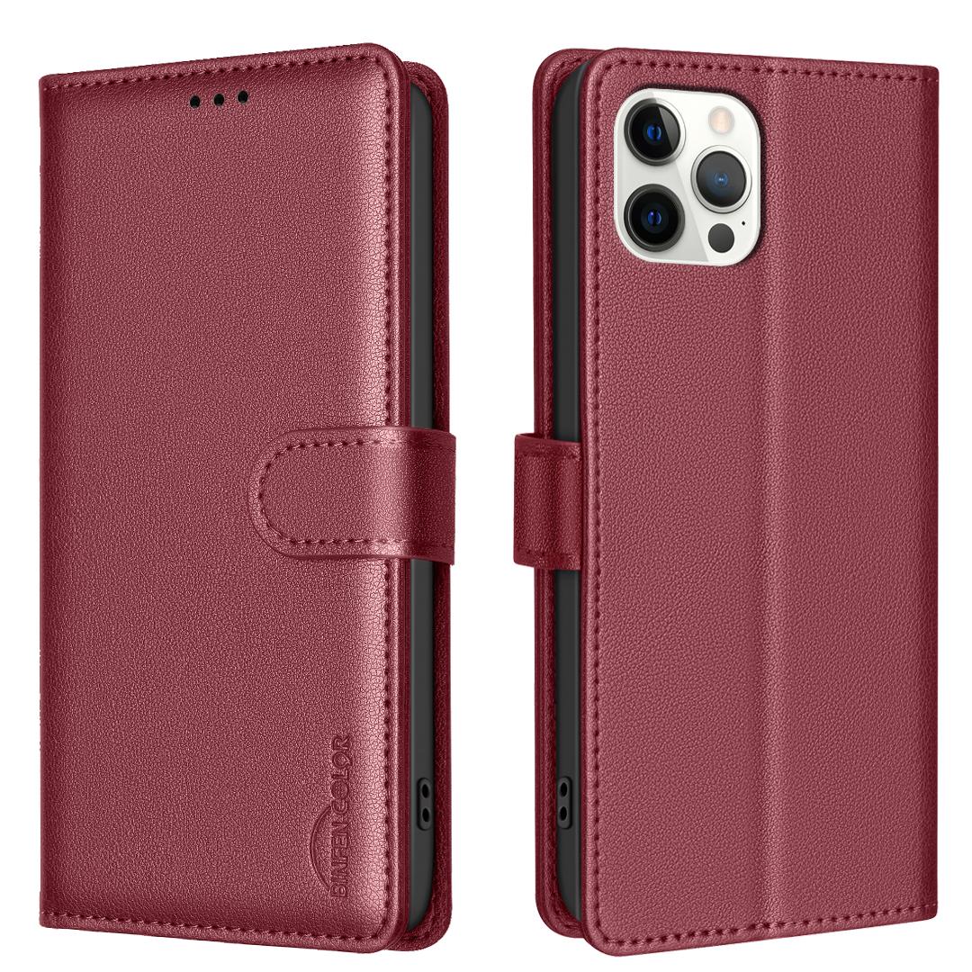 

BINFEN COLOR BF32 For iPhone 12/12 Pro Phone Case Litchi Texture RFID Blocking Leather Phone Cover Red