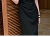 Pre-Sale Micro-Elastic Twill Dress with Metal Inlay and Asymmetric Ruched Waist