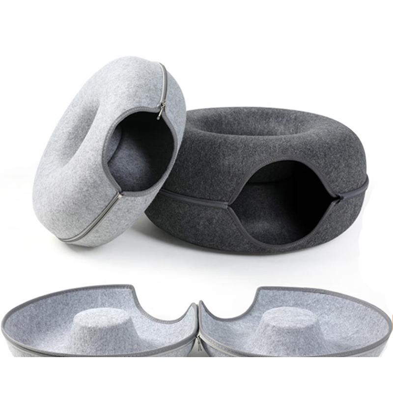 Donut Cat Bed for 2 Cats Pet Cat Tunnel Toys Kitten House Basket Interactive Play Toys for Cats Natural Felt Rabbit Cave Nest
