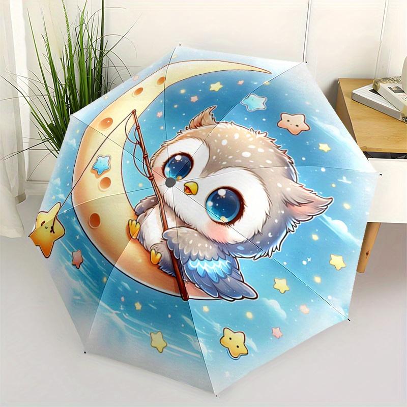 

1pc Owl Fishing for Stars Automatic 3-Fold Umbrella Design, Cute Cartoon Pattern, Portable Outdoor Umbrella, Perfect, Holiday Gift for Disney fans.G07