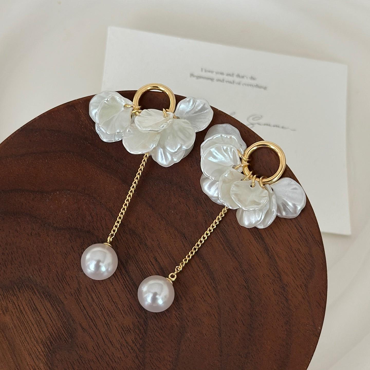 French-Inspired White Petal Pearl Tassel Earrings