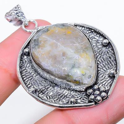 Natural Bumble Bee Jasper Gemstone 925 Sterling Silver Pendant 2.05" R1B37