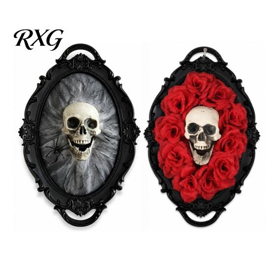 Spider Web Skull Ornament Halloween Gothic Wall Decoration, Vintage Red Rose Frame Sculpture, Decorative Horror Art for Holiday Party Decor