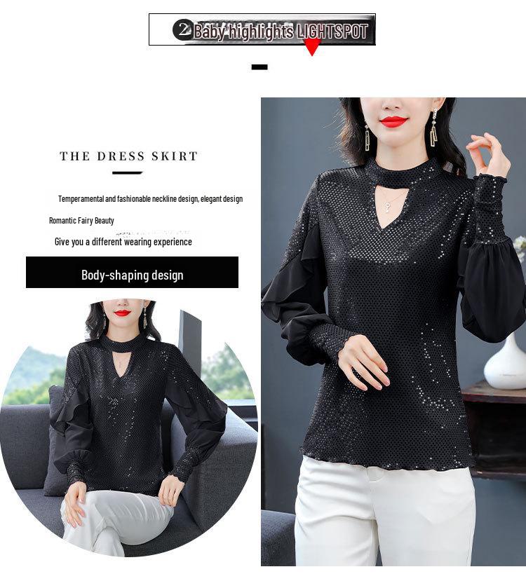 2024 Spring Sequined Slim Long-Sleeve Korean Style Top - Elegant and Versatile