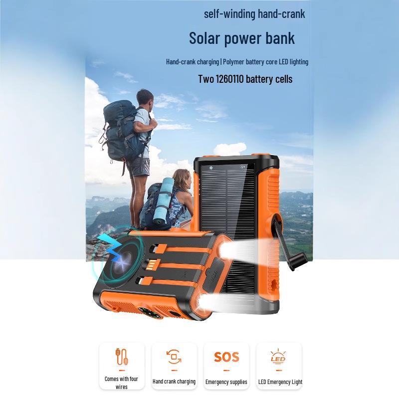 Solar Hand-Crank Power Bank & Magnetic Wireless Charger with PD 22.5W Fast Charging & Built-in Cable - Camping Mobile Power Supply.