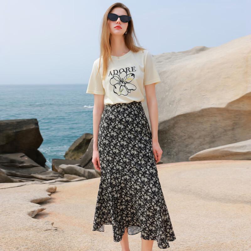 Sancai 2026 Summer Floral Chiffon A-Line Slit Skirt