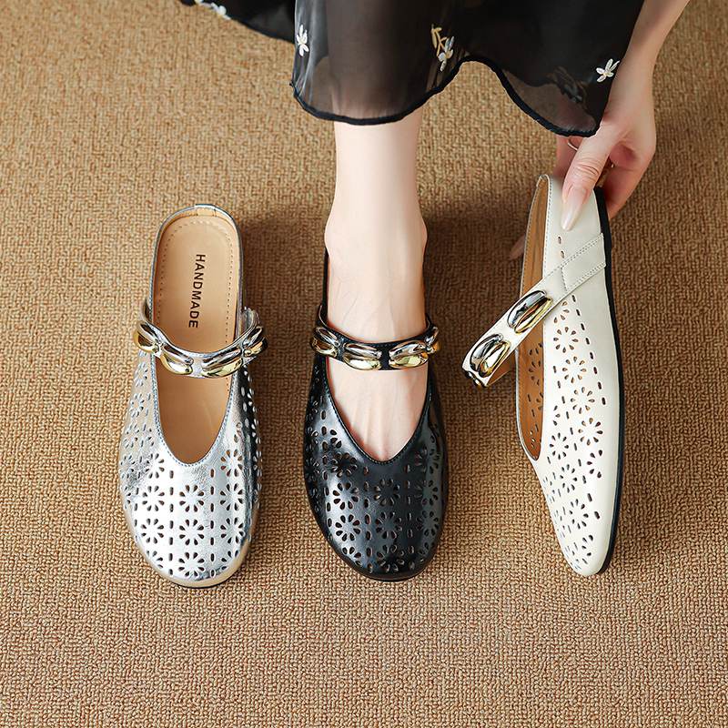 Krazing Pot Cow Skin Mules Round Toe Size 42 Low Heels Slip On Light Shoes Increased Hollow Style Autumn Pumps