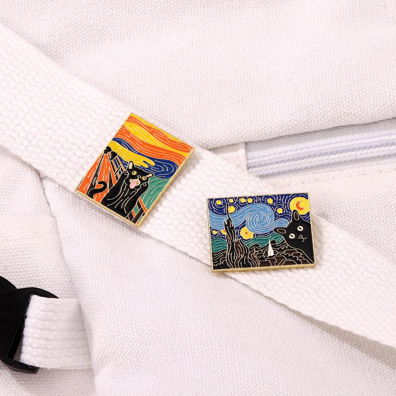 Black Alloy Creative Cat Starry Sky Brooch Cute Animal Design For Clothing And Bags