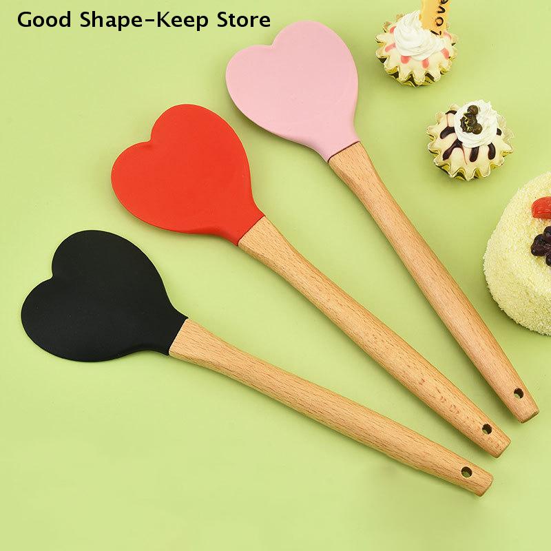 Utensils Making Cake Baking Tool Valentine's Day Pink Love Silicone Spatula Heart-Shaped Wooden Handle Baking Spatulas Kitchen