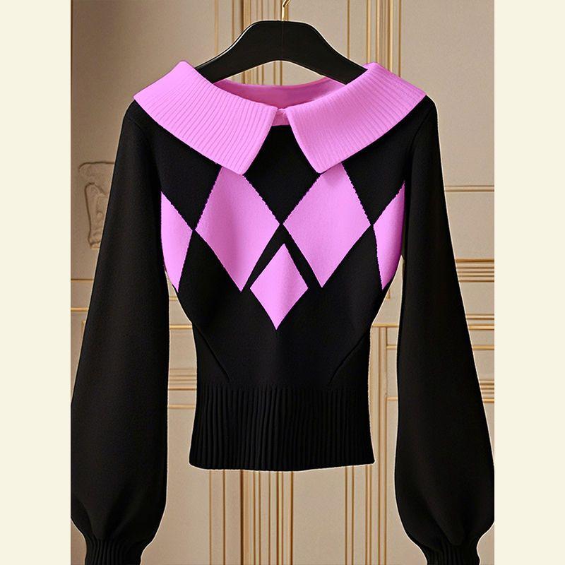 Autumn Korean Chic Tops Are Fashionable Unique Lazy Black Diamond Knitted Sweater