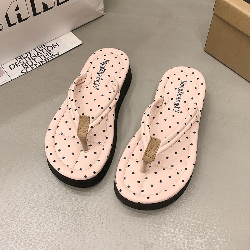 Polka dot thick bottom heightening flip-flops women's summer outer wear 2025 new light and high-end French sandals