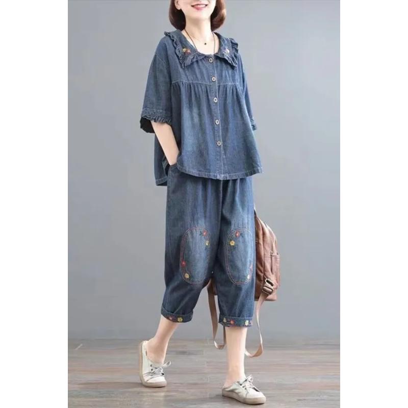 Damdenim Tvådelat Set Volangkrage Kortärmad Topp Cropped Byxor Lös Casual Outfit