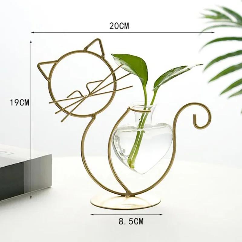 Cat Shape Hand Welded Vases High Temperature Baking Paint Hydroponic Glass Heart Vase With Metal Holder
