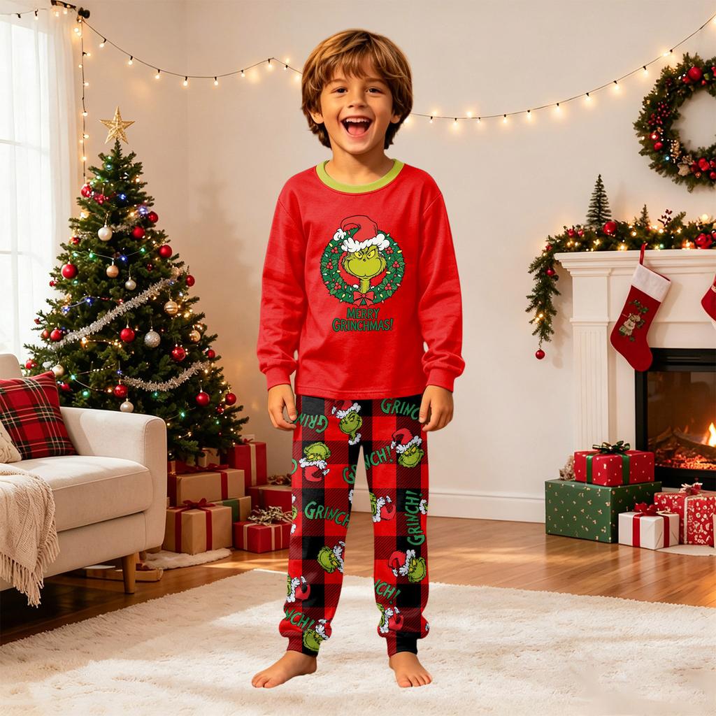 Matching Family Christmas Pajama Set with Neck Long Sleeve and Long Pants for Kids and Adults