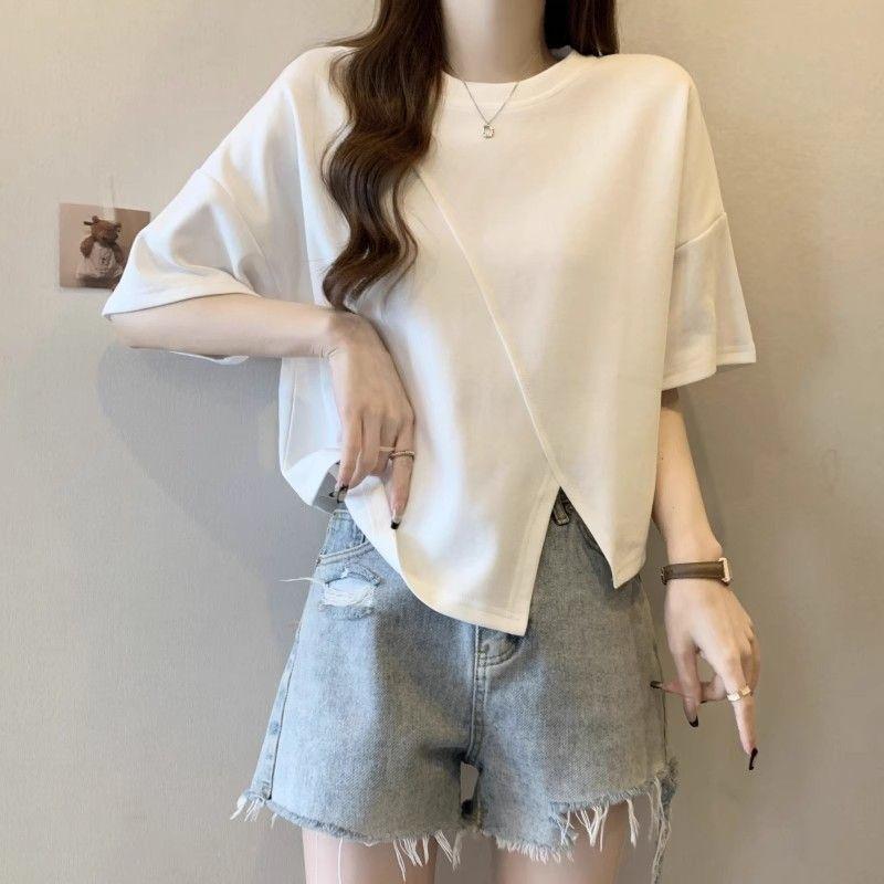 Large size front shoulder irregular short-sleeved T-shirt for women's summer new thin belly cover design split top for women